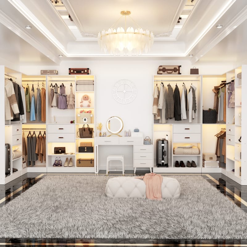 Rackcog Freestanding Closet Organizer with Hanging Rod, Closet System Wardrobe with Wood Drawers