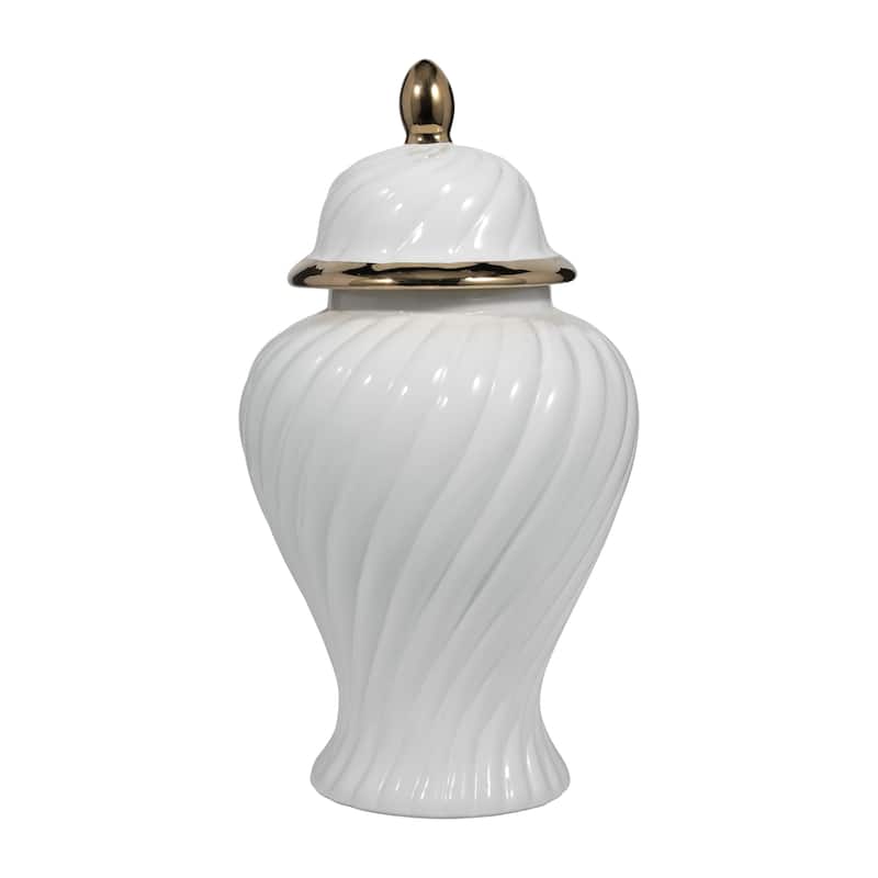 Sagebrook Home Ceramic 20" Swirl Temple Jar, White/Gold, Cylinder, 20"H, Swirl - 11" x 11" x 20"