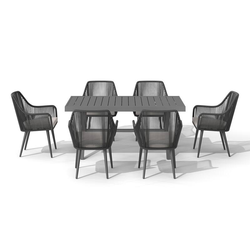 Expandable Aluminum Outdoor Dining Set with 6 Woven Rattan Chairs