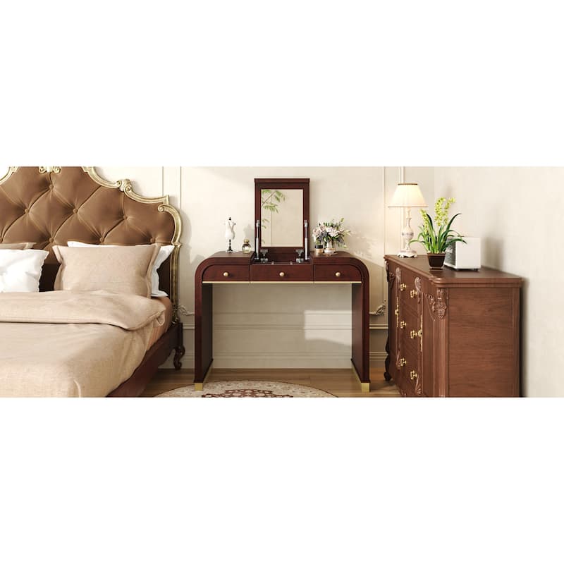 Roomfitters Flip Top Vanity Desk with Mirror and Hidden Storage, Modern Makeup Table with Gold Trim for Small Space