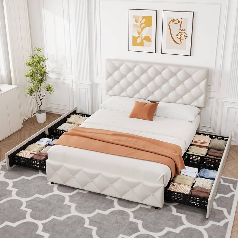PU Leather Bed Frame with Adjustable Headboard and 4 Storage Drawers