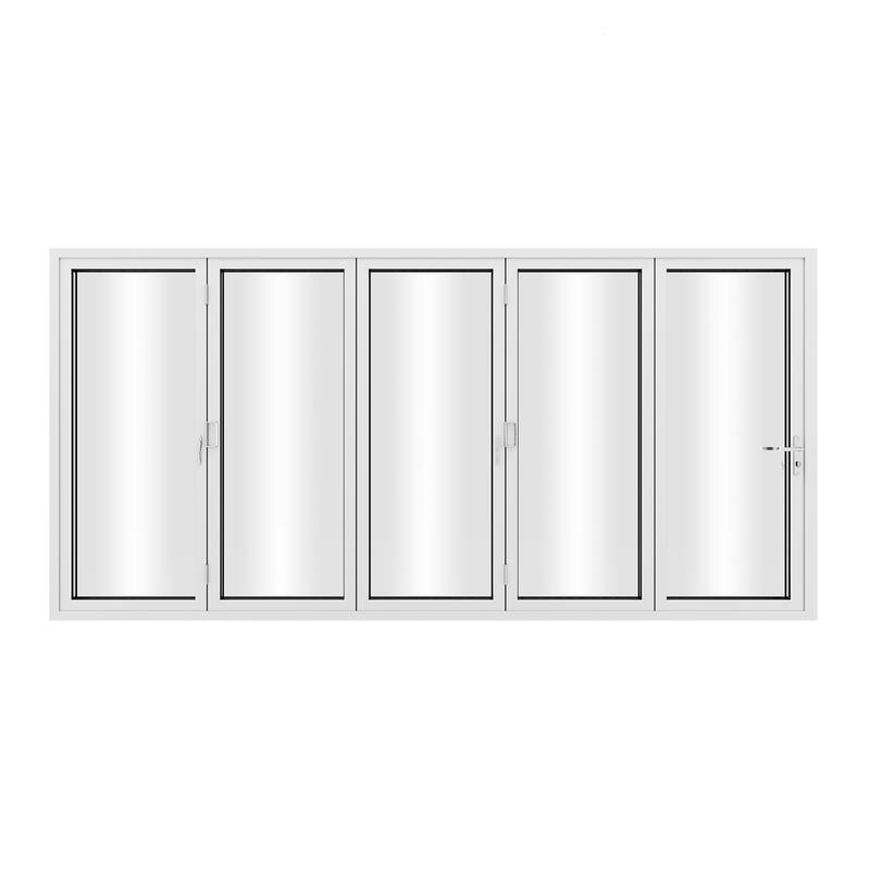 KaMic 168"×80" 5 Panels Aluminum Folding Door In White,Folded Out From Left To Right Model #:FD5PWH16880-LR