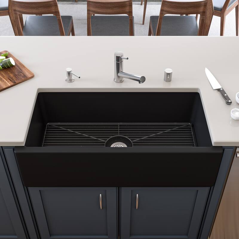 36" Black Matte Reversible Smooth / Fluted Single Bowl Fireclay Farm Sink