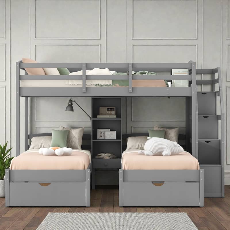 Triple Bunk Bed Twin over Twin&Twin with Drawers, Storage Staircase and Built-in Shelves, Solid Wood Frame - Grey - Twin
