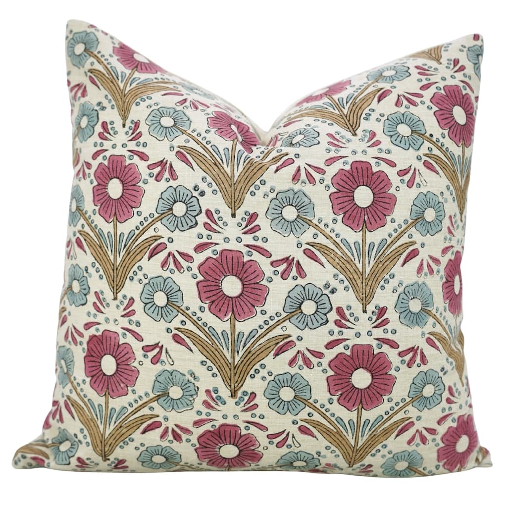 Fabdivine Square Accent Pillowcase 20x20 Inch Floral Farmhouse Fall Decor for Chair Living or Bed Room Pink Linen, Vanshika