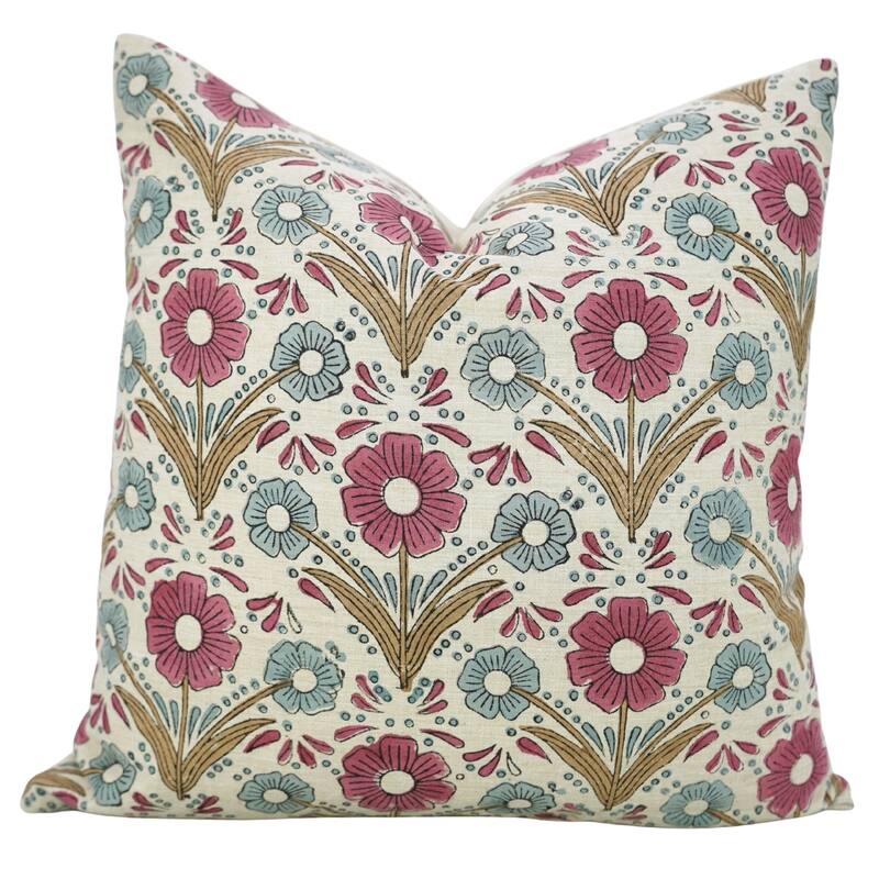 Fabdivine Square Accent Pillowcase 26x26 Inch Floral Farmhouse Fall Decor for Chair Living or Bed Room Pink Linen, Vanshika