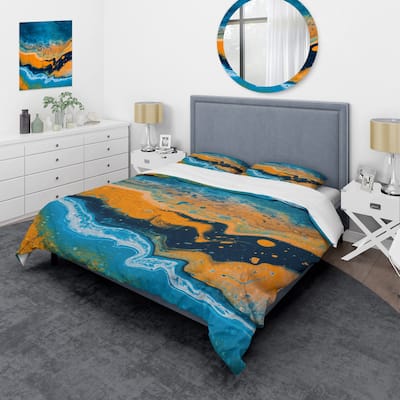 Designart 'Abstract Marble Composition In Blue and Orange IV' Modern Duvet Cover Set