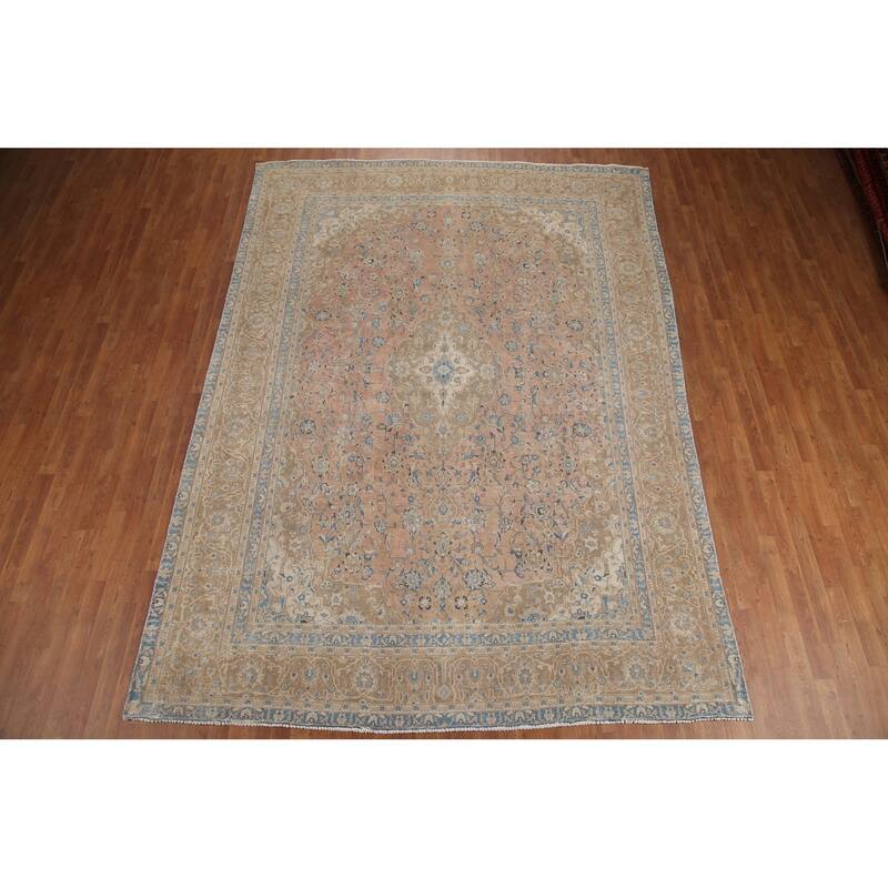 Hand Knotted Oriental 100% Wool Carpet Traditional Floral Pink Mashad Area Rug - 11' 11'' X 8' 9''
