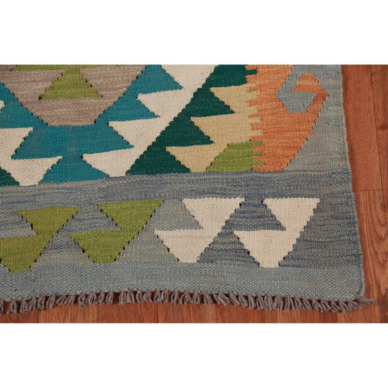 Hand Woven Oriental 100% Wool Carpet Southwestern Geometric Green Kilim Runner Rug - 13' 1'' X 2' 7''
