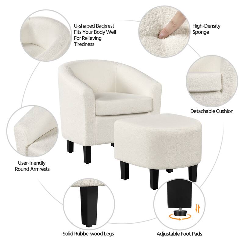 Yaheetech Contemporary Boucle Barrel Chair With Ottoman, Ivory - 28.15"x27.56"x25.39"