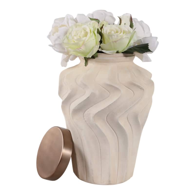 Pottery Jar Wavy Sculpted Tall with Metallic Lid Decorative Accent