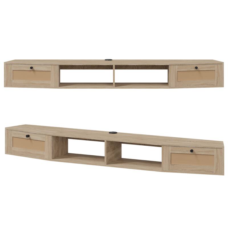 EROMMY Wall-Mounted TV Cabinet with Rattan Doors & Shelves - Floating Entertainment Center with Cable Management