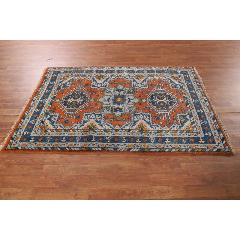 Geometric Heriz Serapi Oriental Foyer Rug Hand-Knotted Wool Carpet - 3'11"x 5'10"