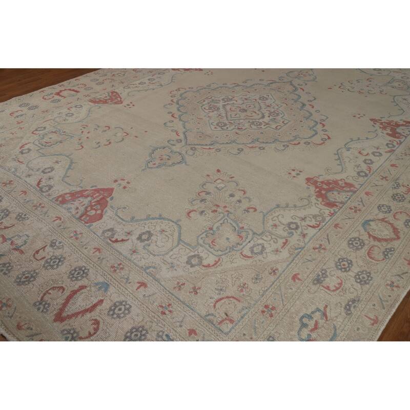 Medallion Tabriz Persian Area Rug Hand-Knotted Beige Wool Carpet - 9'2"x 12'8"