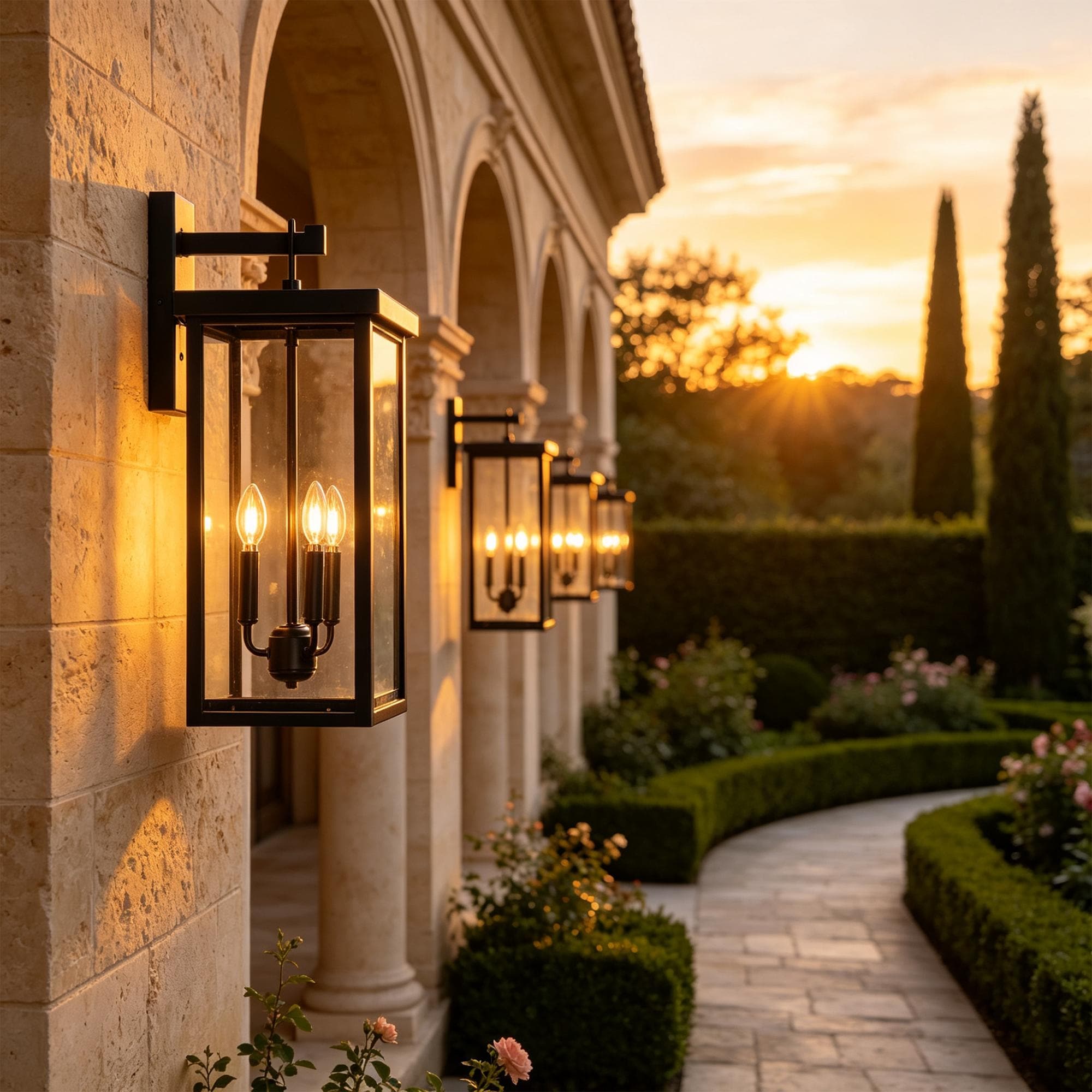 3-light Metal Outdoor Wall Sconce Candle Bulb Lantern(4-pack)