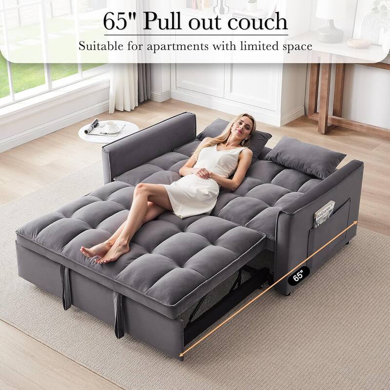 3 in 1 Convertible Sleeper Sofa Bed, Futon Couches for Living Room with Side Pocket, Adjustable Backrest