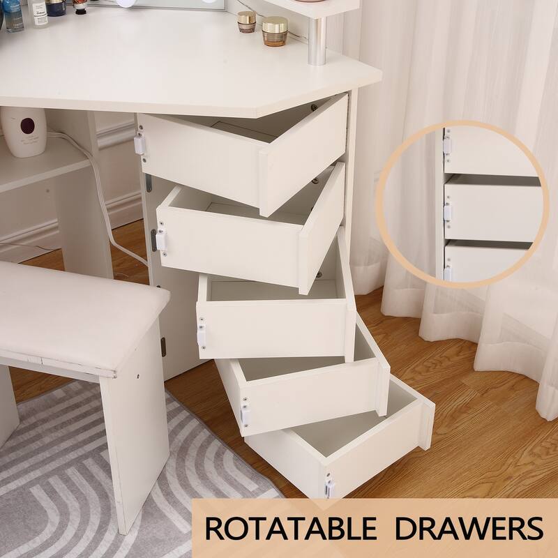 Corner Makeup Vanity Desk with Lights & Power Outlet