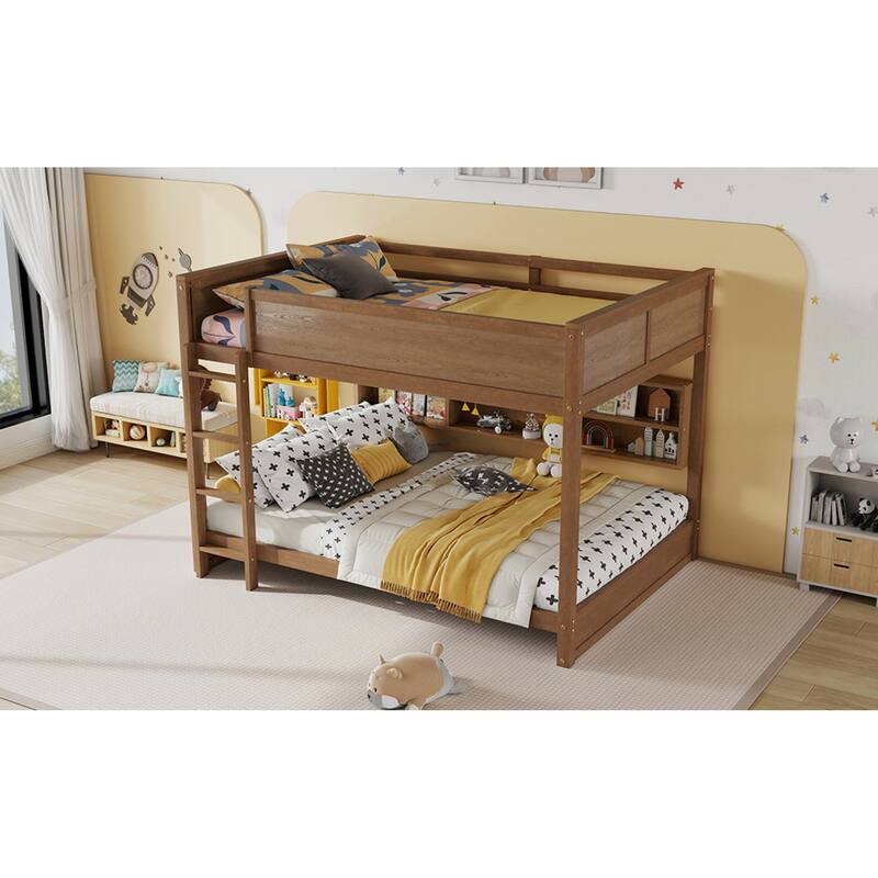 Roomfitters Queen Over Queen Bunk Bed with Storage Cabinets & Charging Station, Solid Pine Wood with Ladder & Guardrails, Wheat