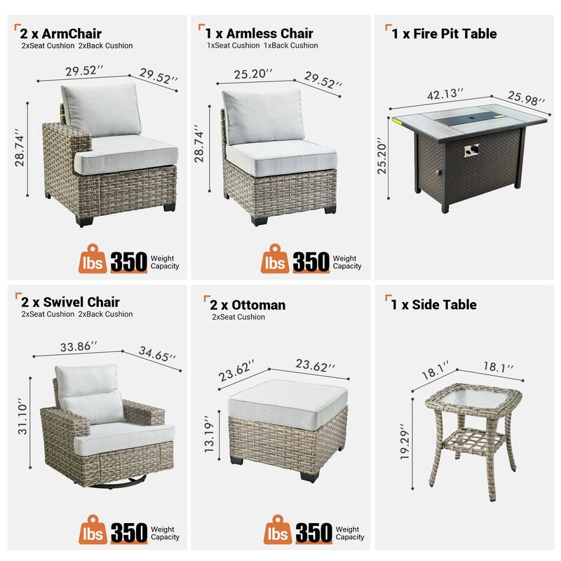 OVIOS 9 Pieces T shaped Seat Wide Armrest Swivel Chair Set With Fire Pit