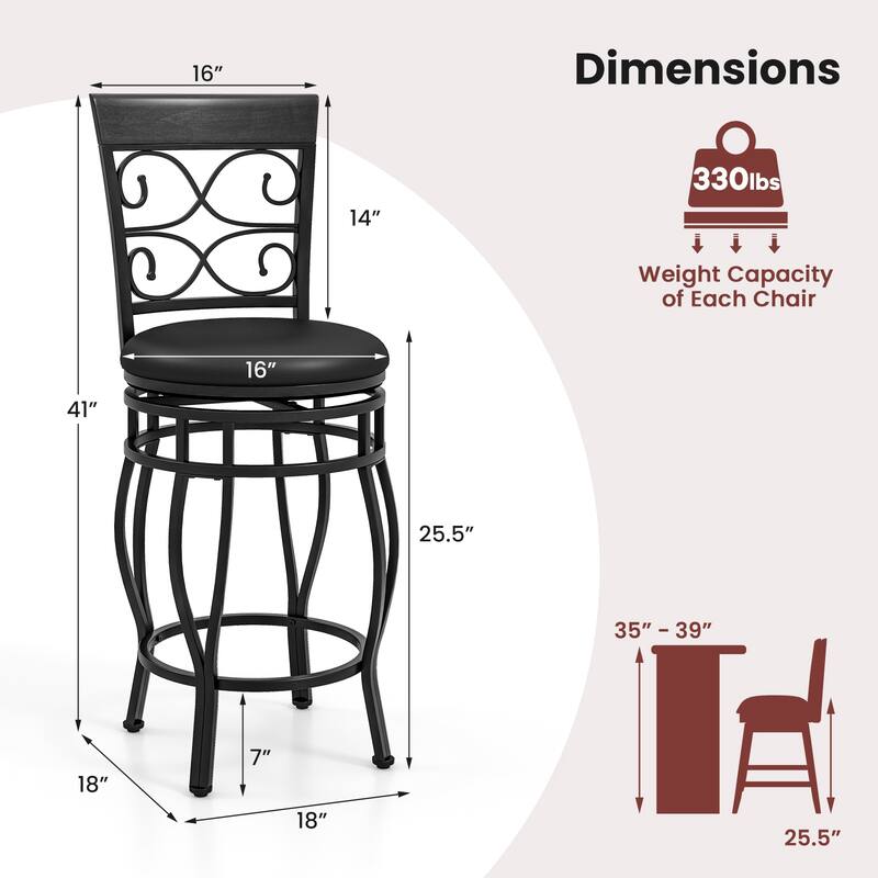 Set of 2 Swivel Bar Stools 26 Inch with Backrest and Footrest PU Leather - 19" x 16.5" x 45"