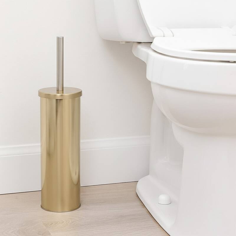 Modern Brushed Gold Toilet Bowl Brush Set with Stainless Steel Handle - 4" L x 4" W x 15" H - Brushed Gold