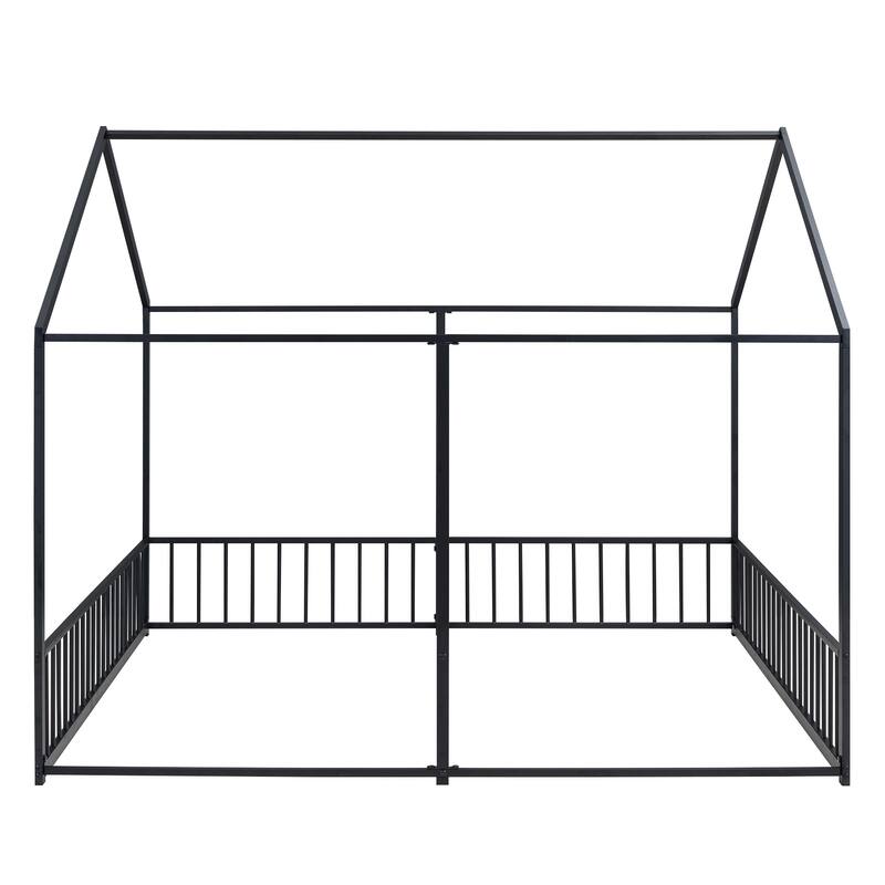 Twin Size Metal House Platform Bed with Roof, Windows, and Guardrails, 2-in-1 Bed Design, Easy Assembly
