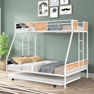Twin over Full Metal Bunk Bed with Trundle, White
