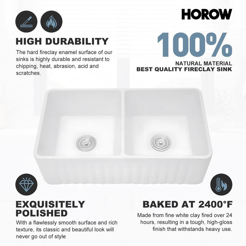 HOROW 33 in. Farmhouse/Apron-Front 50/50 Double Bowl White Fireclay Kitchen Sink with Bottom Grid and Strainer