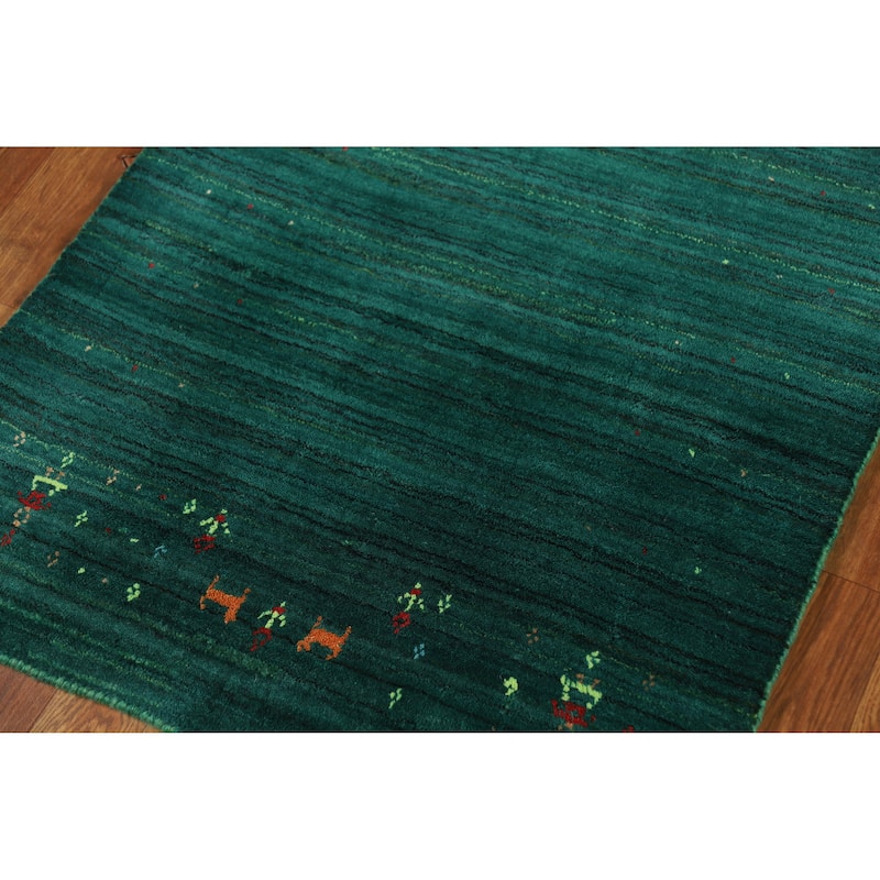Tribal Green Gabbeh Indian Runner Rug Handmade Wool Carpet - 2'6" x 9'9"