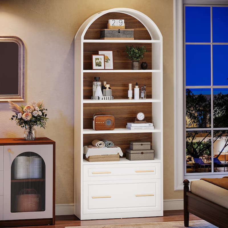 76.8" Tall Arched Bookcase, 5-Tier Modern Bookshelf with File Cabinet Drawer, White