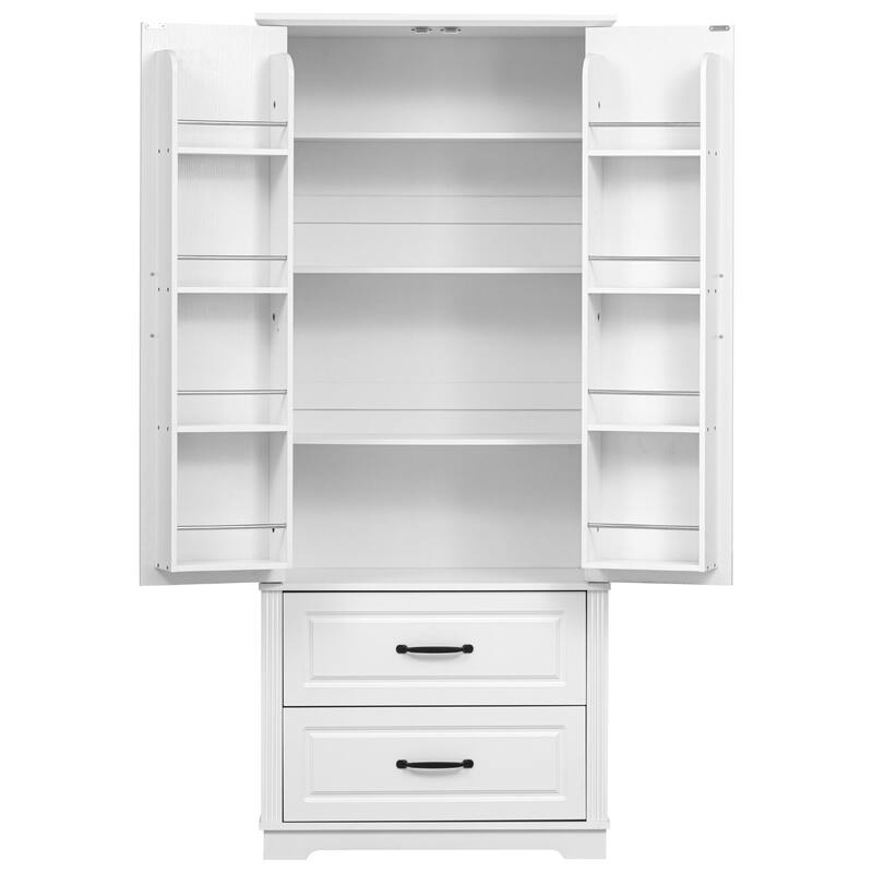 Large Kitchen Pantry Cabinet with 2 Drawers, 71" Wood Freestanding Cupboard Cabinet with 8 Door Shelves, 3 Cabinet Shelves