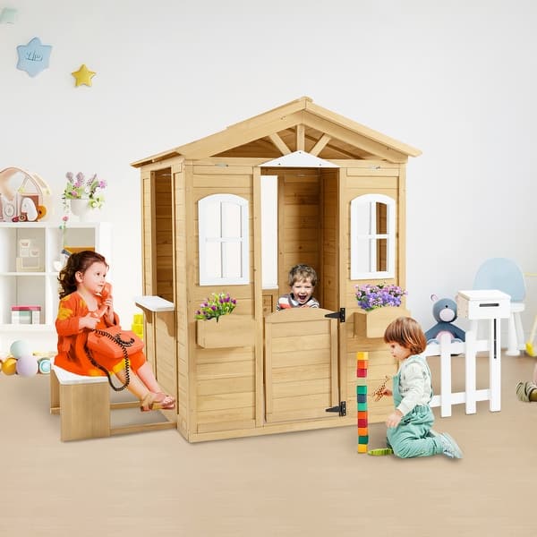 slide 2 of 12, Wooden Playhouse for Kids Outdoor with Working Door, Windows, Mailbox, Bench, Flowers Pot Holder, 39" x 38" x 55.5" DIY Kits