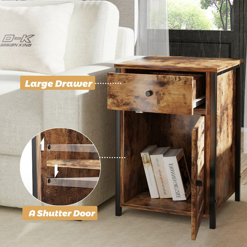 Gymax Nightstand with Drawer Cabinet Adjustable Shelf Industrial Side