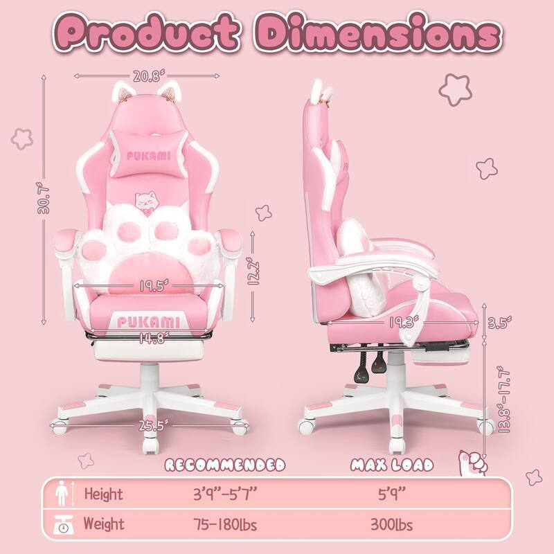 BOSSIN Gaming Chair with Cat Ears and Cat Paw Cushion Pillow,Cute Kawaii Reclining Computer Chair for Girl with Footrest