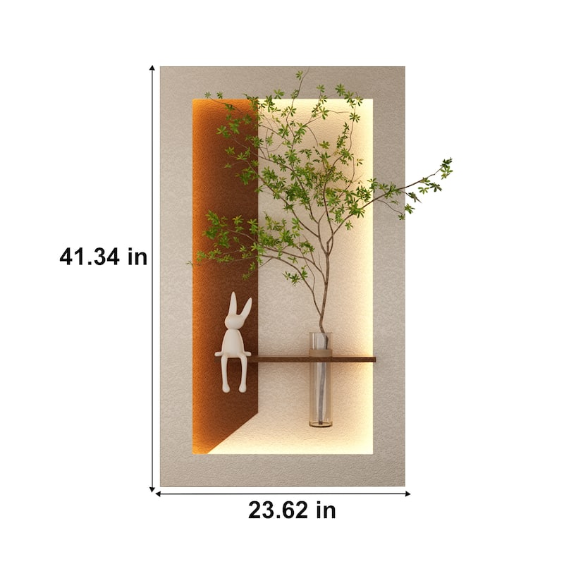 Adjustable 3-Color LED Sandstone Wall Decor with Simulated Green Plants, Glass Vase & Rabbit Statue, Remote Control Light Strips