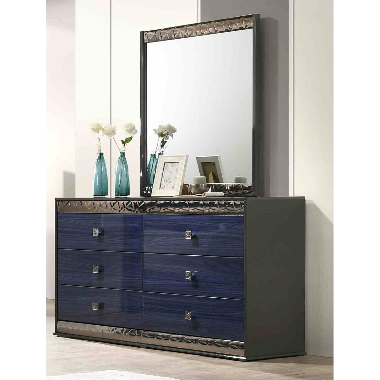 Indigo Blue Finish Platform Bed Dresser Mirror 3pc Bedroom Set