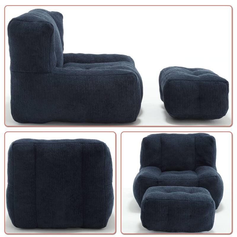 Velvet Upholstered Bean Bag Chair Lazy Chair with an Ottoman