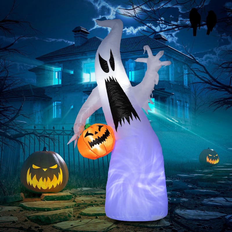 6 ft Inflatable Halloween Ghost Decoration Holding Pumpkin with LED Lights Waterproof Polyester for Indoor and Outdoor Use - Purple