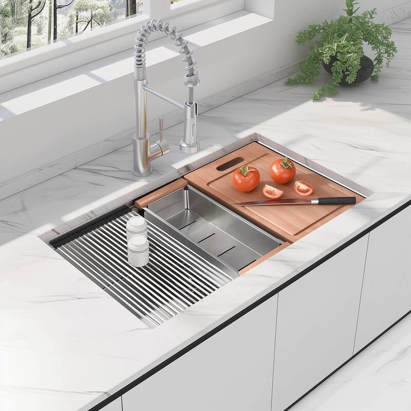 Undermount Workstation Sink Kitchen Sink 18 Gauge, Handmade Radius Deep Undermount Single Bowl Sink with Accessories - Brushed Chrome