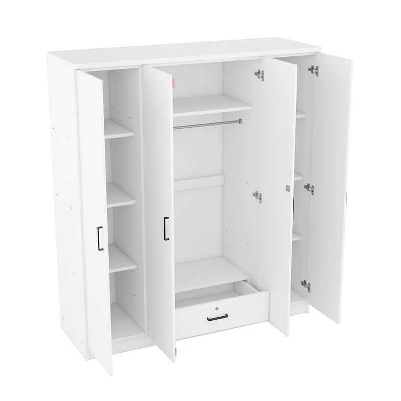 Modern Freestanding Floor Wardrobe for Bedroom, Armoire Closet High Storage Cabinet with Drawer, Shelves and Hanging Rail, White