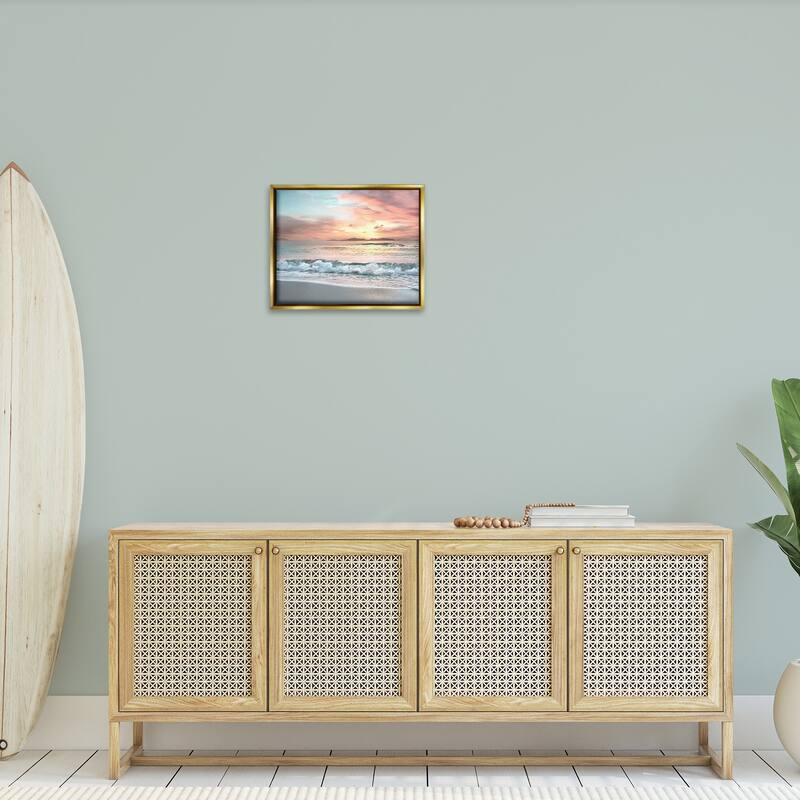 Stupell Morning Sunrise Beach Landscape Distant Mountains Rolling Tide Floater Frame - Orange