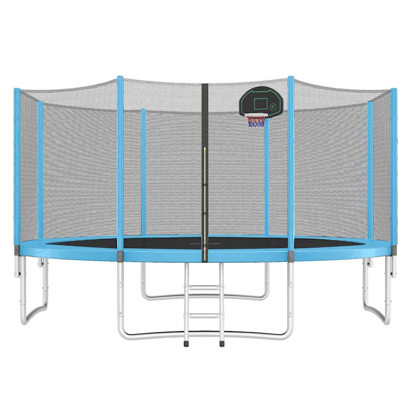 14FT Kids Trampoline with Safety Net Basketball Hoop Ladder Easy Assembly Round Outdoor - Blue