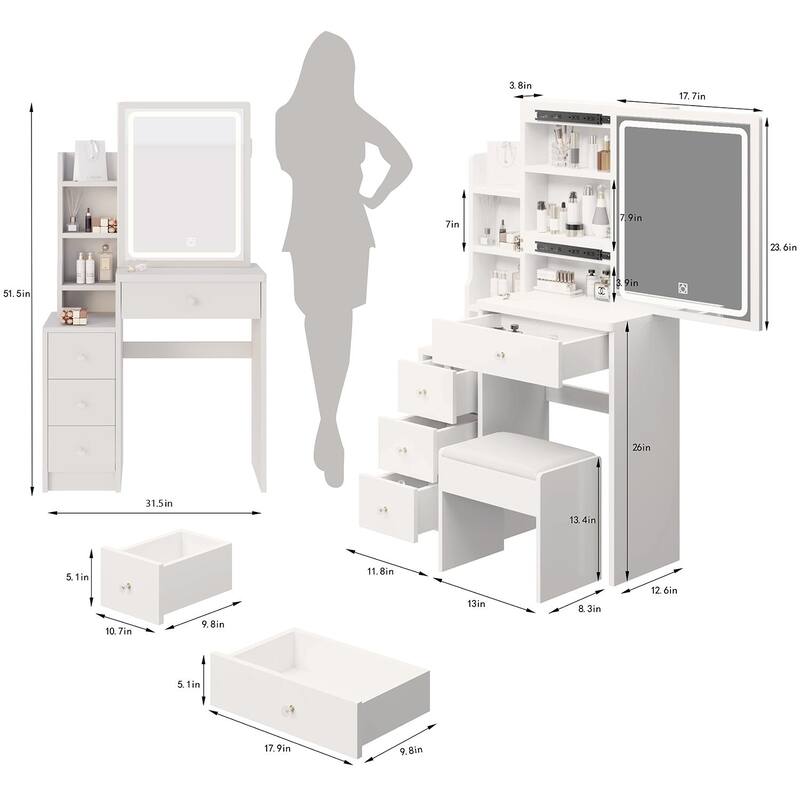 Left Cabinet Vanity Table,Cushioned Stool,Touch Control Sliding LED Mirror,3-color,Bright Adjustable,Girls less Than 5.6ft Tall