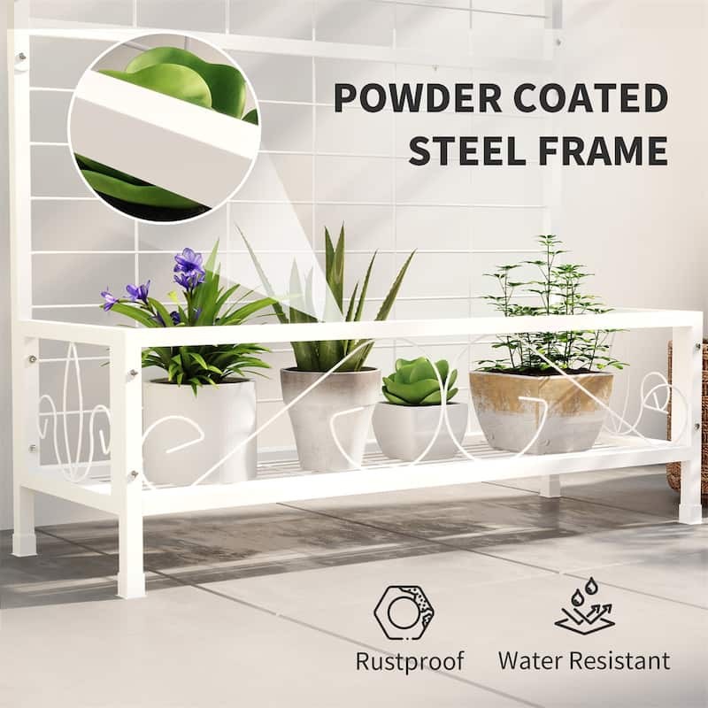 74-Inch Tall Steel Flower Stand with Trellis and Hanging Basket Roof for Garden Patio Plants - 36.2" W x 12.8" D x 74.2" H