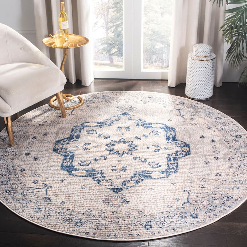 SAFAVIEH Marseille Heledd Oriental Rug - 6'7" Round - Navy/Ivory