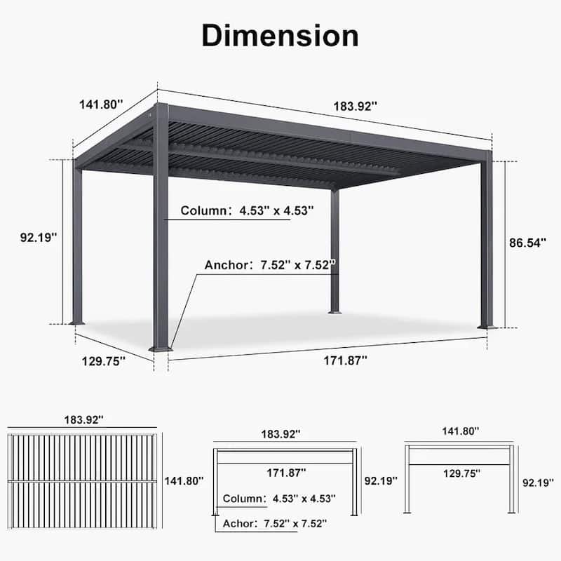 PURPLE LEAF Grey Louvered Sun Shade Pergola - Adjustable Metal Roof for Patio Hardtop Pergola