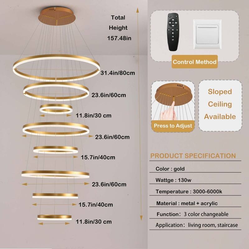 Modern 8 Ring LED Chandelier Dimmable High Ceiling Chandelier