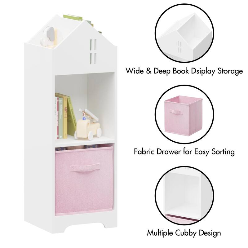 2-Tier Storage Display Kids Dollhouse Bookcase, Toddler Bookshelf with Collapsible Fabric Drawers for Bedroom or Playroom