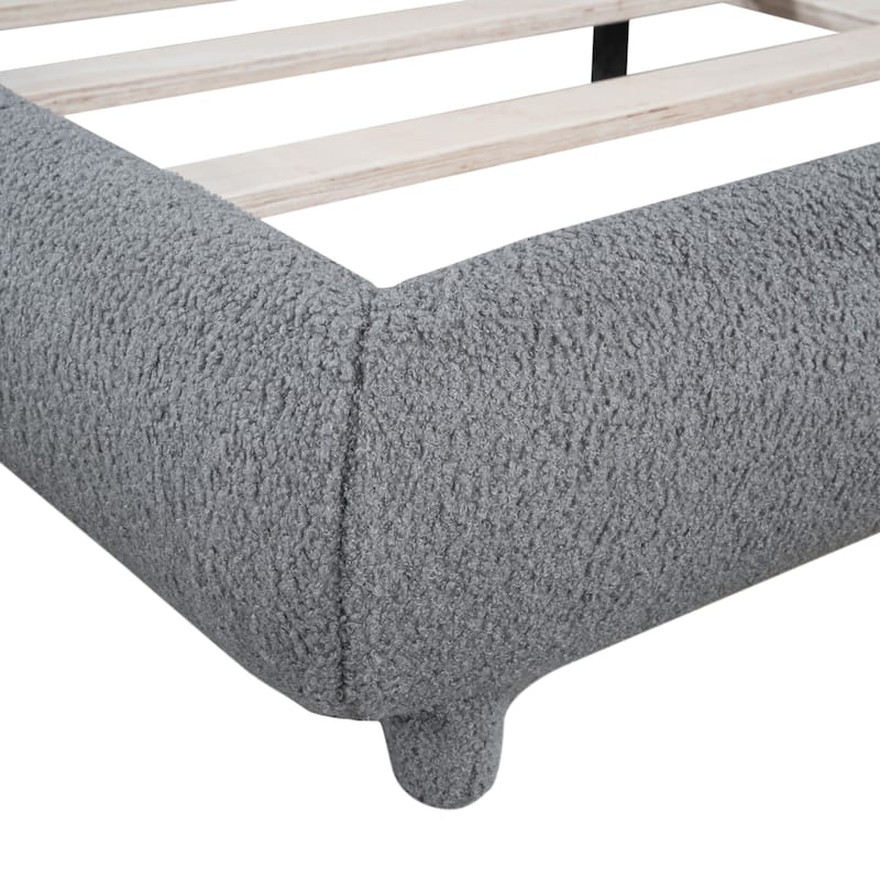 Curve Shaped Headboard Bed Frame, Teddy Fleece Upholstered Platform Bed with Thick Fabric, Wood Low Profile Bed Panel Bed