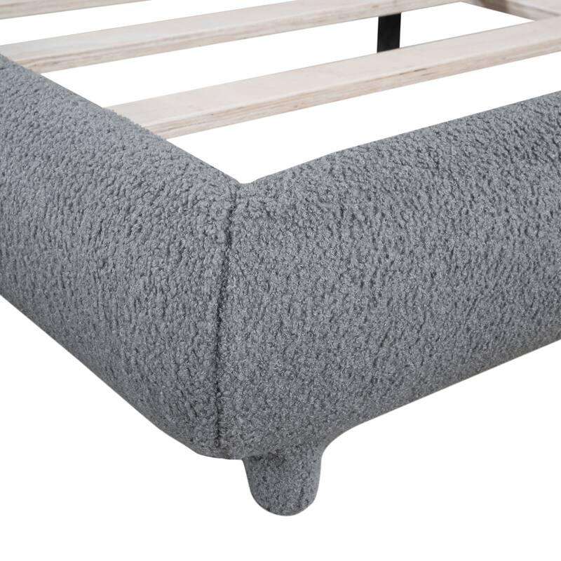 Teddy Fleece Upholstered Platform Bed with Thick Fabric & Solid Wood Slat Support Low Profile Panel Bed Frame